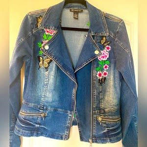 INC Embroidered Distressed Denim Jacket w Flowers & Butterflies - Size Small